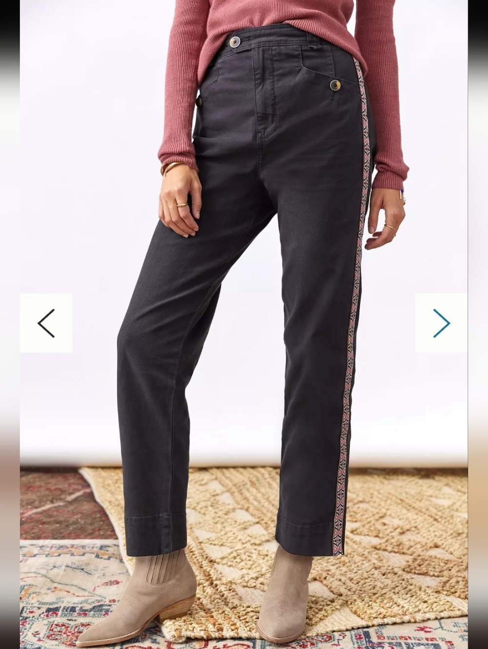 By Anthropologie 2 Black Tapered Boho Pink Embroidered Stripe Side Panel Pants